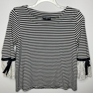 KARL Lagerfeld ParisTop, Black and White Striped, Lace and Bow Accents, Size M